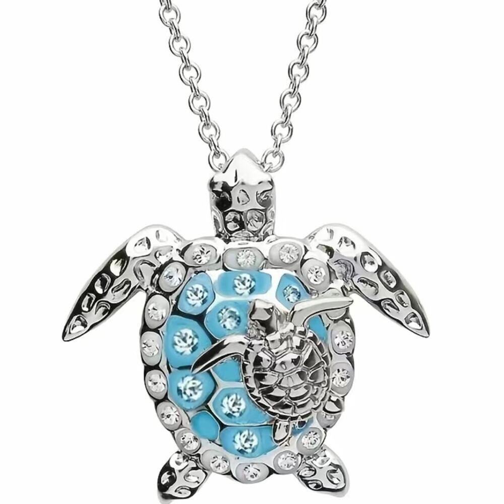 Sea Turtle Pale Blue Stone Silver-Tone Fashion Pendant Necklace Sparkle Glam NEW